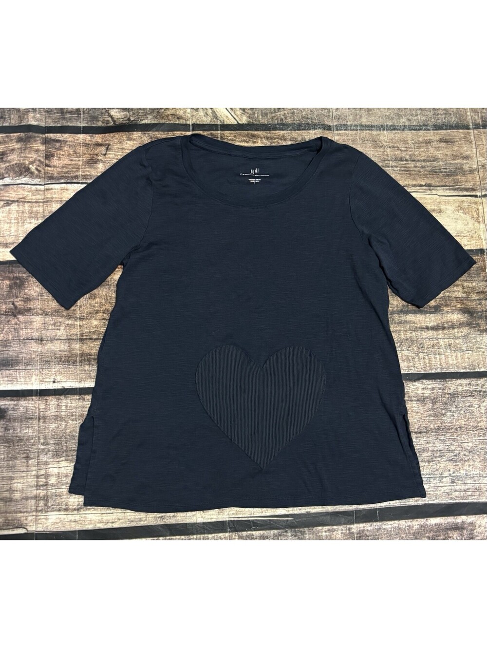 J Jill Top Womens Large Pima Cotton Elbow Sleeve Slub Knit Heart Short Sleeve
